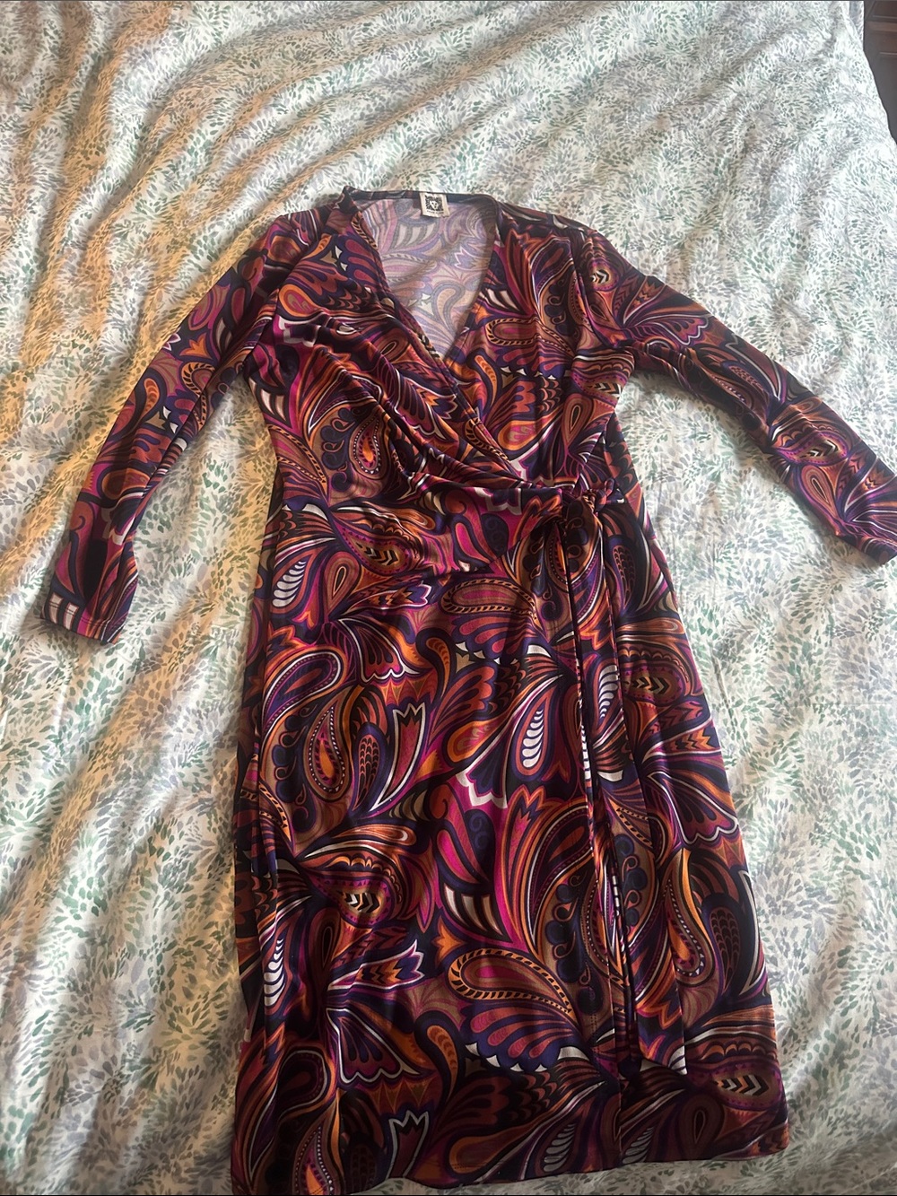 Anne Klein Women's Purple Paisley Wrap Dress - Elegant Long Sleeve